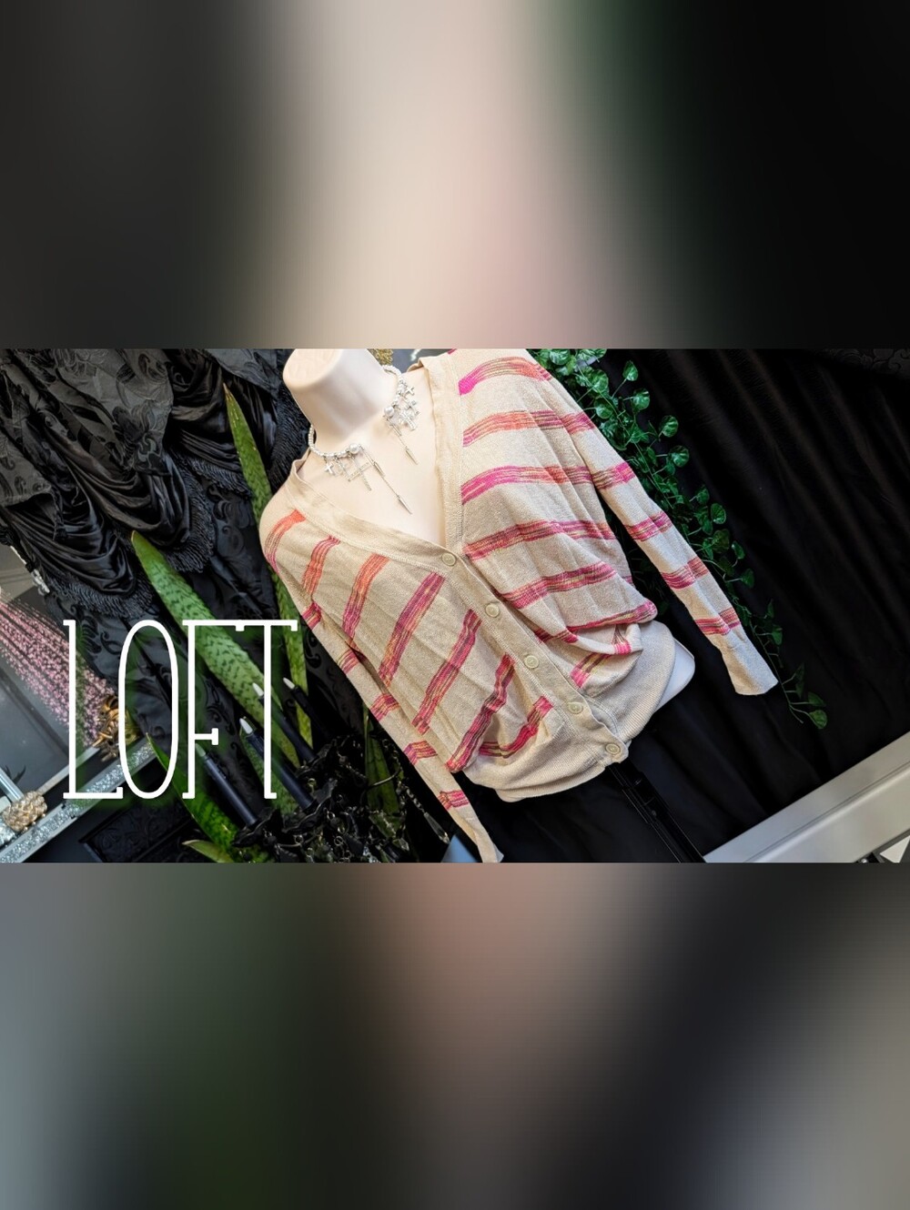 LOFT Pink & Tan Collegiate Cardigan MD
